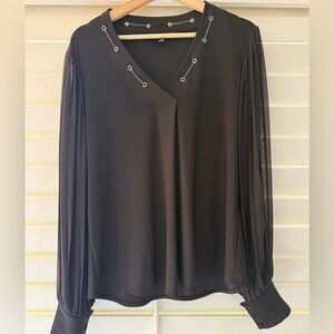 White House Black Market Black Blouse with Chain Accents